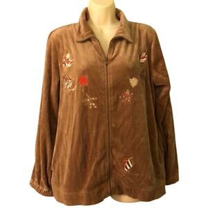 Jennifer Eden Fall Leaves Embroidered Velour Front Zip Jacket Track Vintage